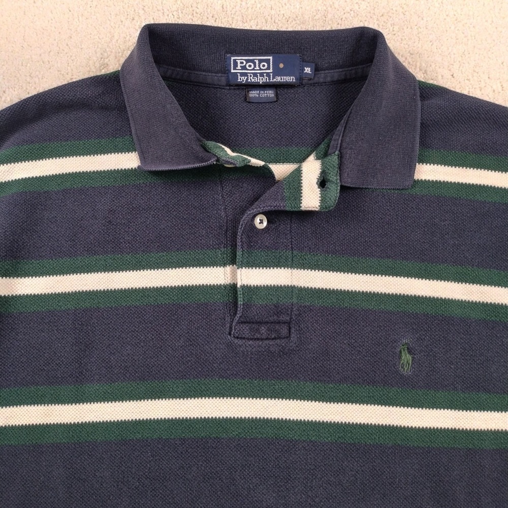 VTG Polo Ralph Lauren Shirt Men's XL Blue Green Stripe Pique Rugby Preppy 90's - Picture 2 of 7